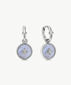 Blue Agate Coin Hoop Earrings with Milgrain Detail | Aura Collection – MaiaMina