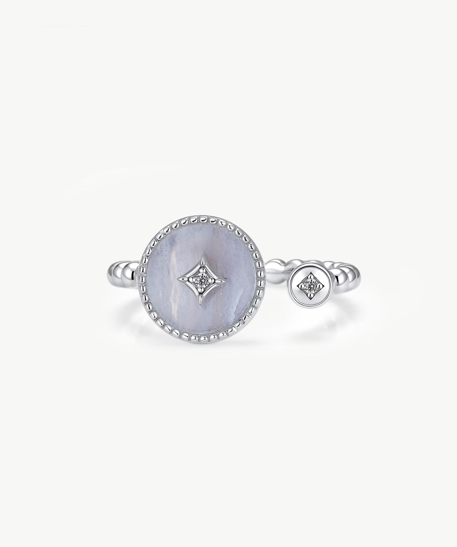 MaiaMina Blue Agate Open Ring Rhodium Plated Sterling Silver CZ Adjustable Aura Collection