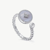 MaiaMina Blue Agate Open Ring Rhodium Plated Sterling Silver CZ Adjustable Aura Collection