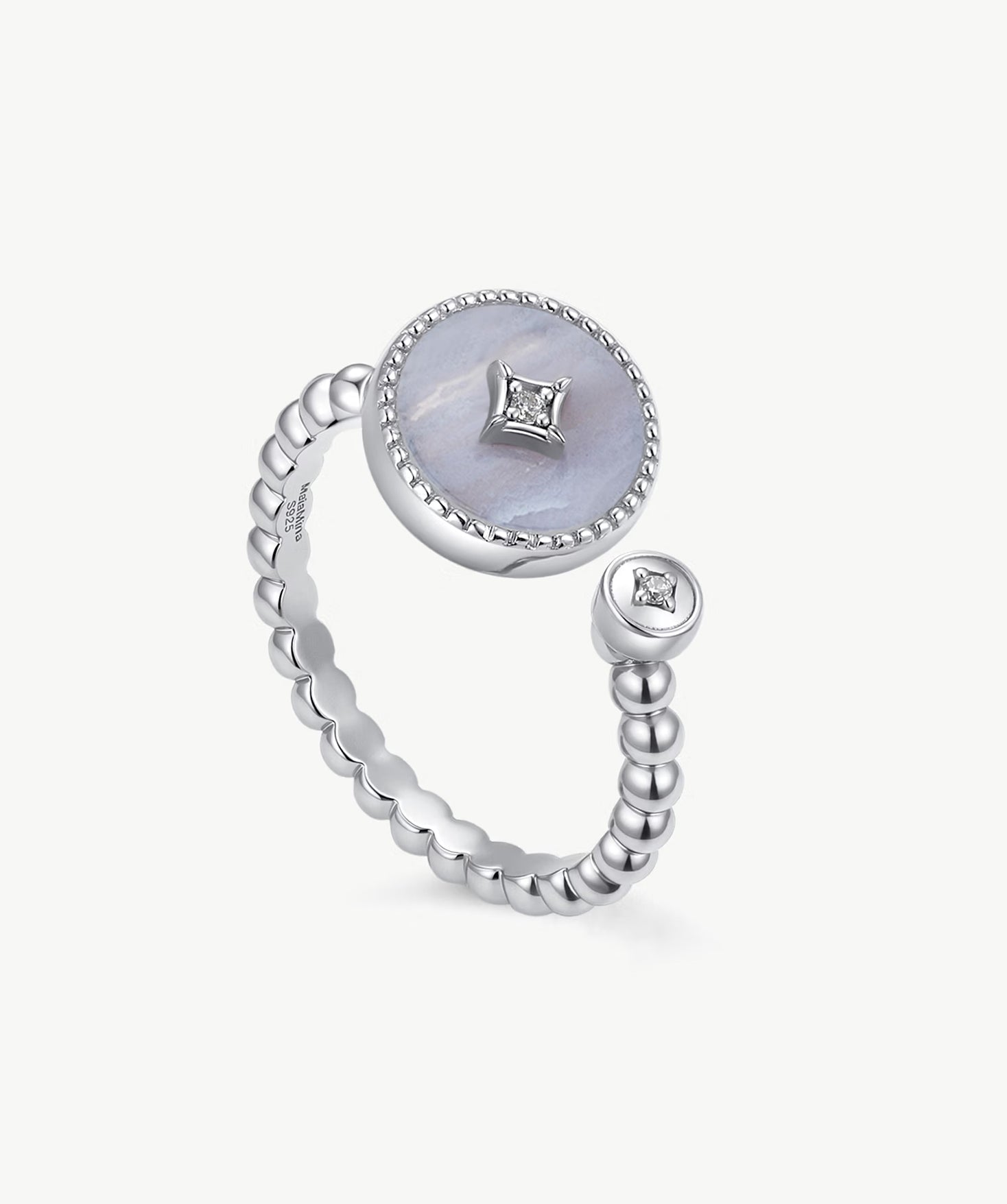 MaiaMina Blue Agate Open Ring Rhodium Plated Sterling Silver CZ Adjustable Aura Collection