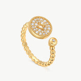 MaiaMina Open Ring Pave CZ Disc Statement Ring Gold Vermeil Sterling Silver Adjustable Aura Collection