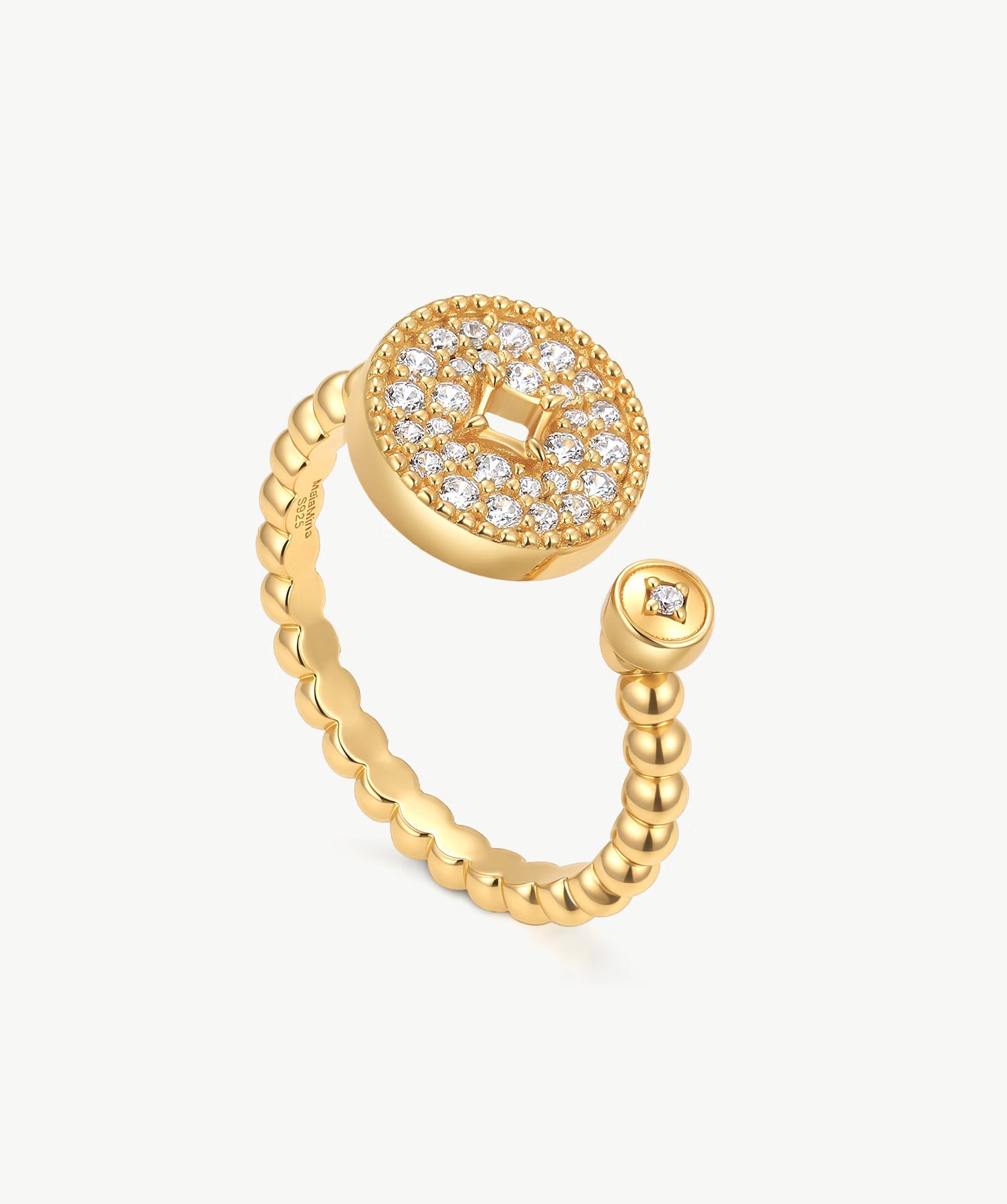 MaiaMina Open Ring Pave CZ Disc Statement Ring Gold Vermeil Sterling Silver Adjustable Aura Collection