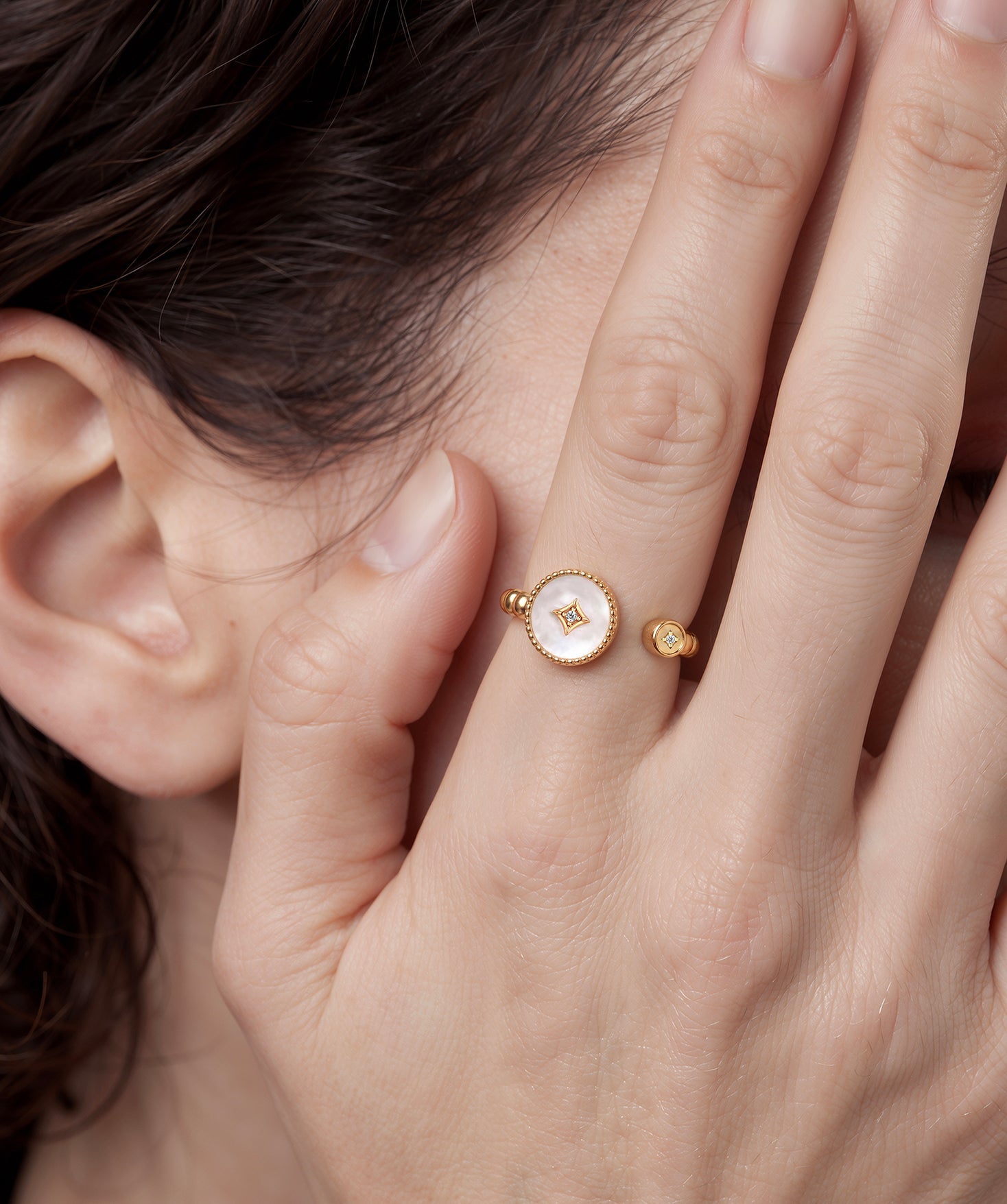 MaiaMina Open Ring Gold Mother of Pearl Statement Ring CZ Aura Collection