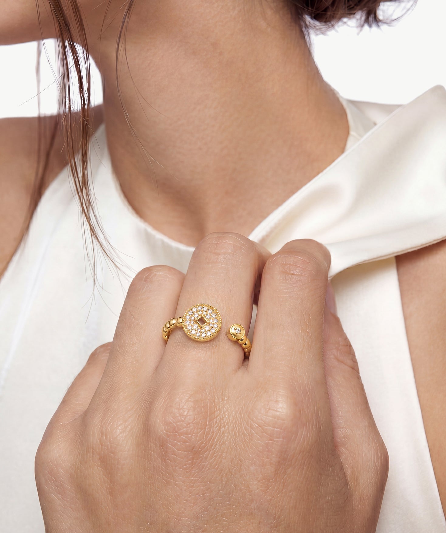 MaiaMina Open Ring Pave CZ Disc Statement Ring Gold Vermeil Sterling Silver Adjustable Aura Collection
