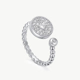 MaiaMina Open Ring Pave CZ Disc Statement Ring Rhodium Plated Sterling Silver Adjustable Aura Collection