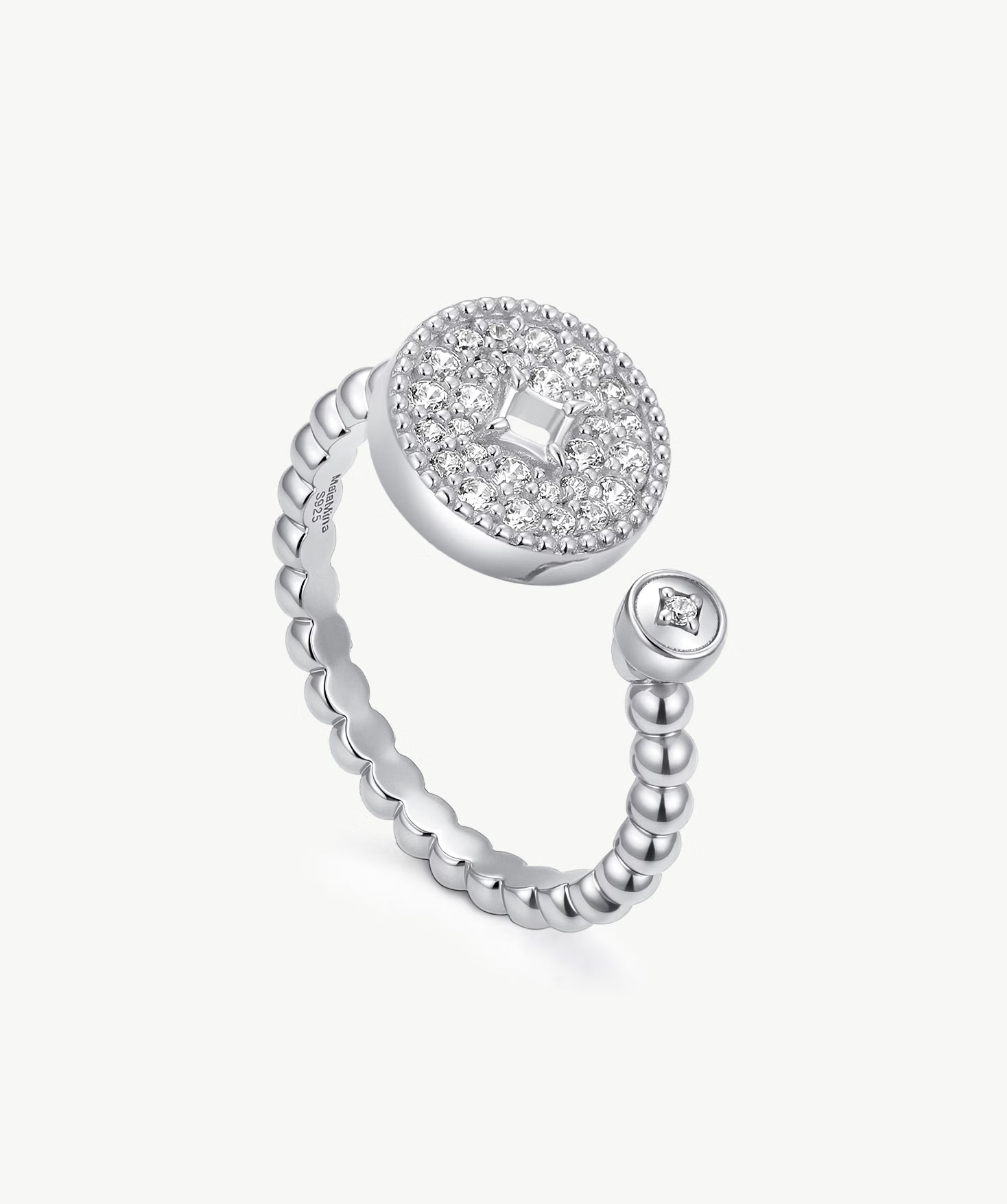 MaiaMina Open Ring Pave CZ Disc Statement Ring Rhodium Plated Sterling Silver Adjustable Aura Collection