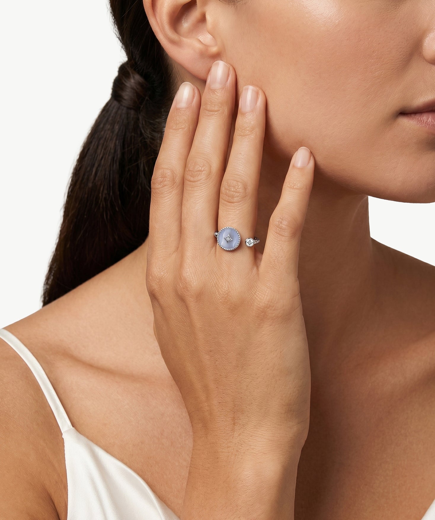 MaiaMina Blue Agate Open Ring Rhodium Plated Sterling Silver CZ Adjustable Aura Collection