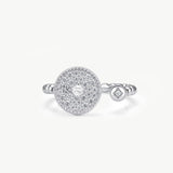MaiaMina Open Ring Pave CZ Disc Statement Ring Rhodium Plated Sterling Silver Adjustable Aura Collection