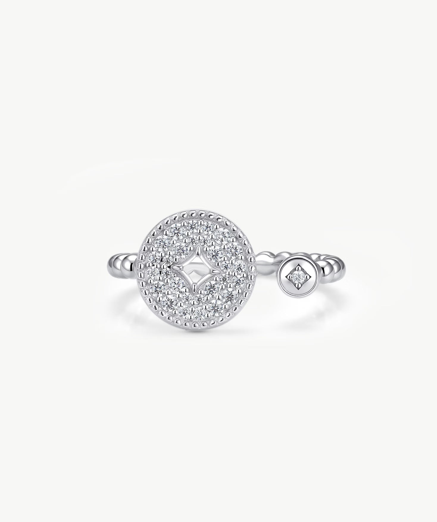 MaiaMina Open Ring Pave CZ Disc Statement Ring Rhodium Plated Sterling Silver Adjustable Aura Collection