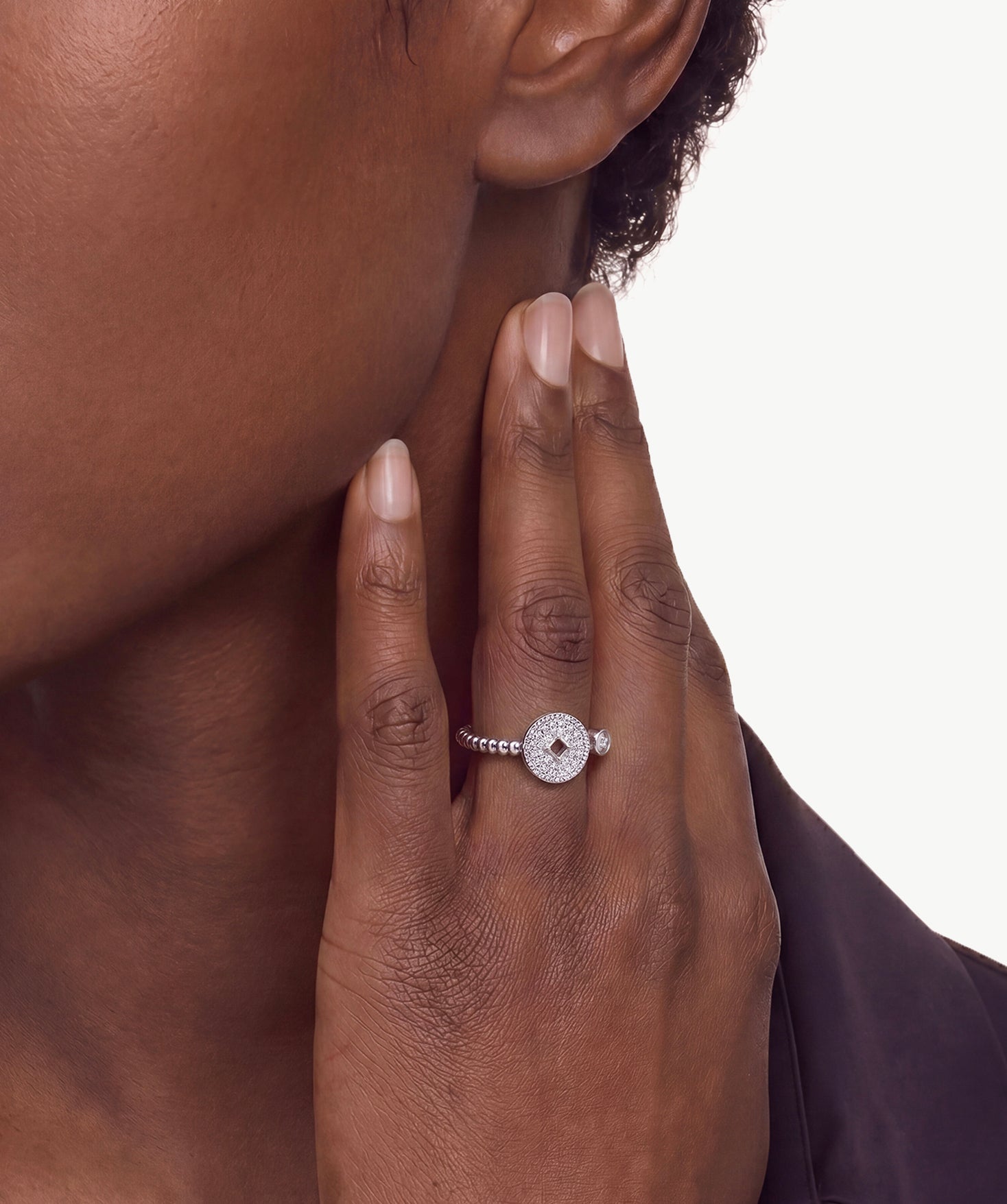 MaiaMina Open Ring Pave CZ Disc Statement Ring Rhodium Plated Sterling Silver Adjustable Aura Collection