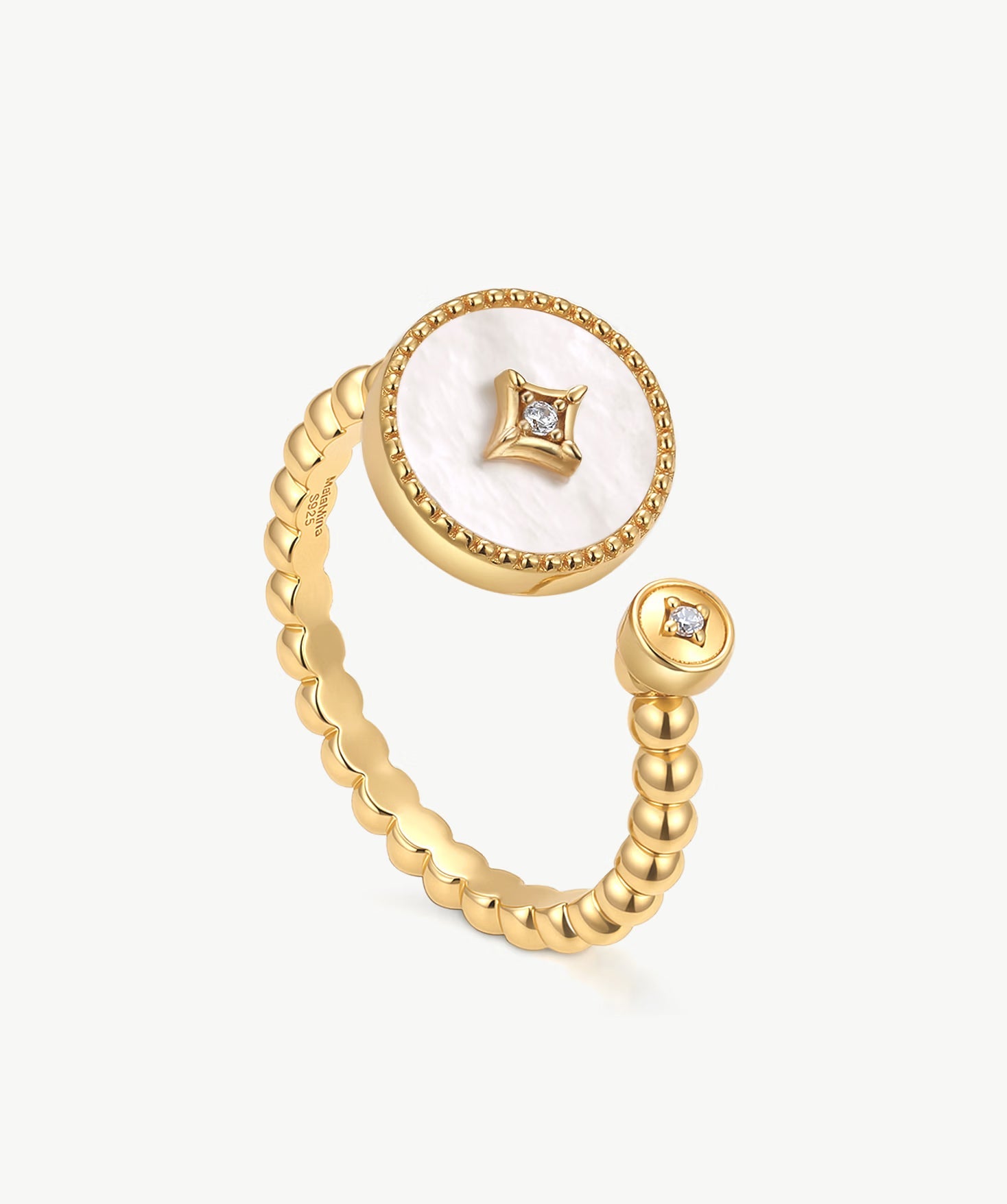 MaiaMina Open Ring Gold Mother of Pearl Statement Ring CZ Aura Collection
