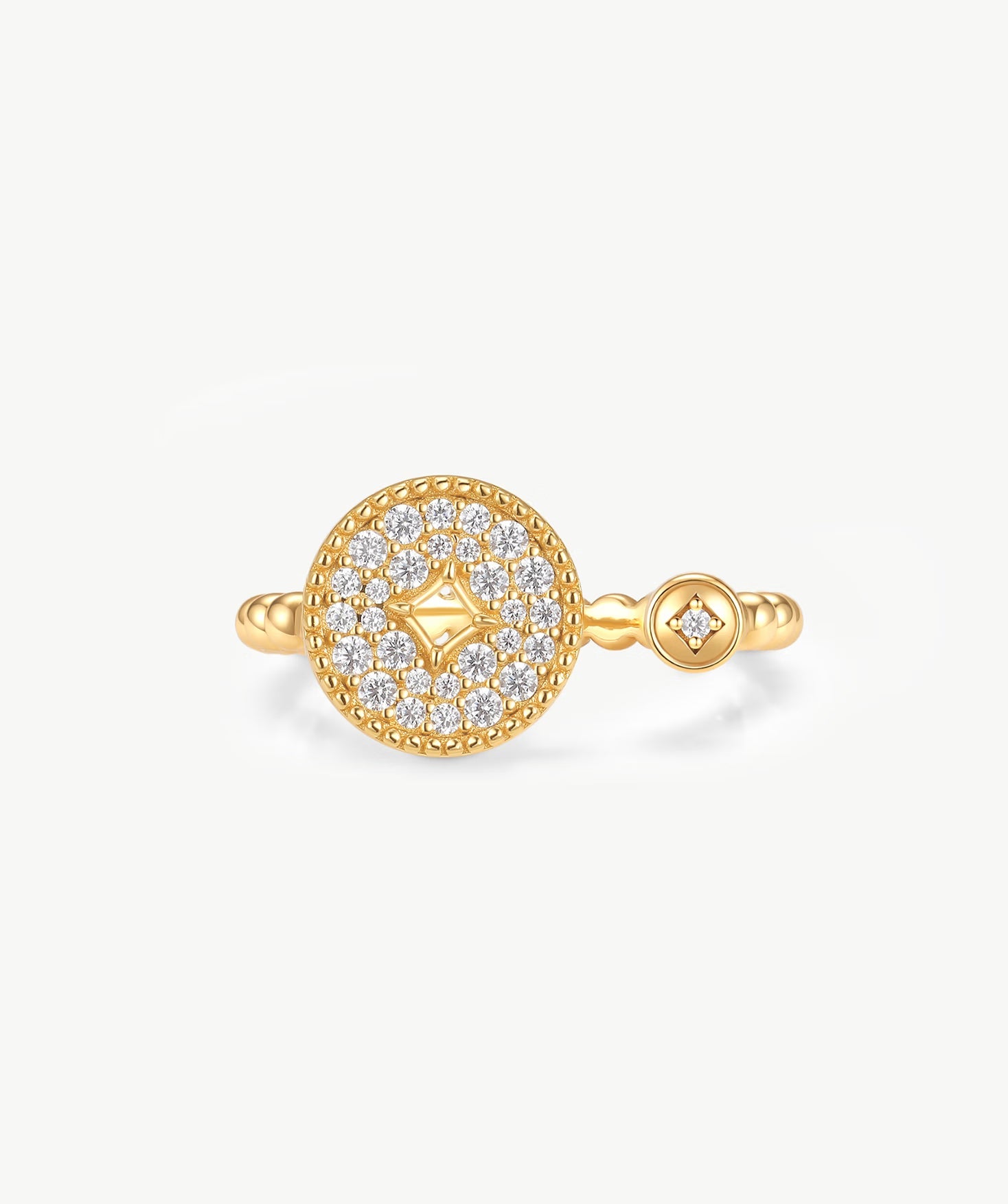 MaiaMina Open Ring Pave CZ Disc Statement Ring Gold Vermeil Sterling Silver Adjustable Aura Collection