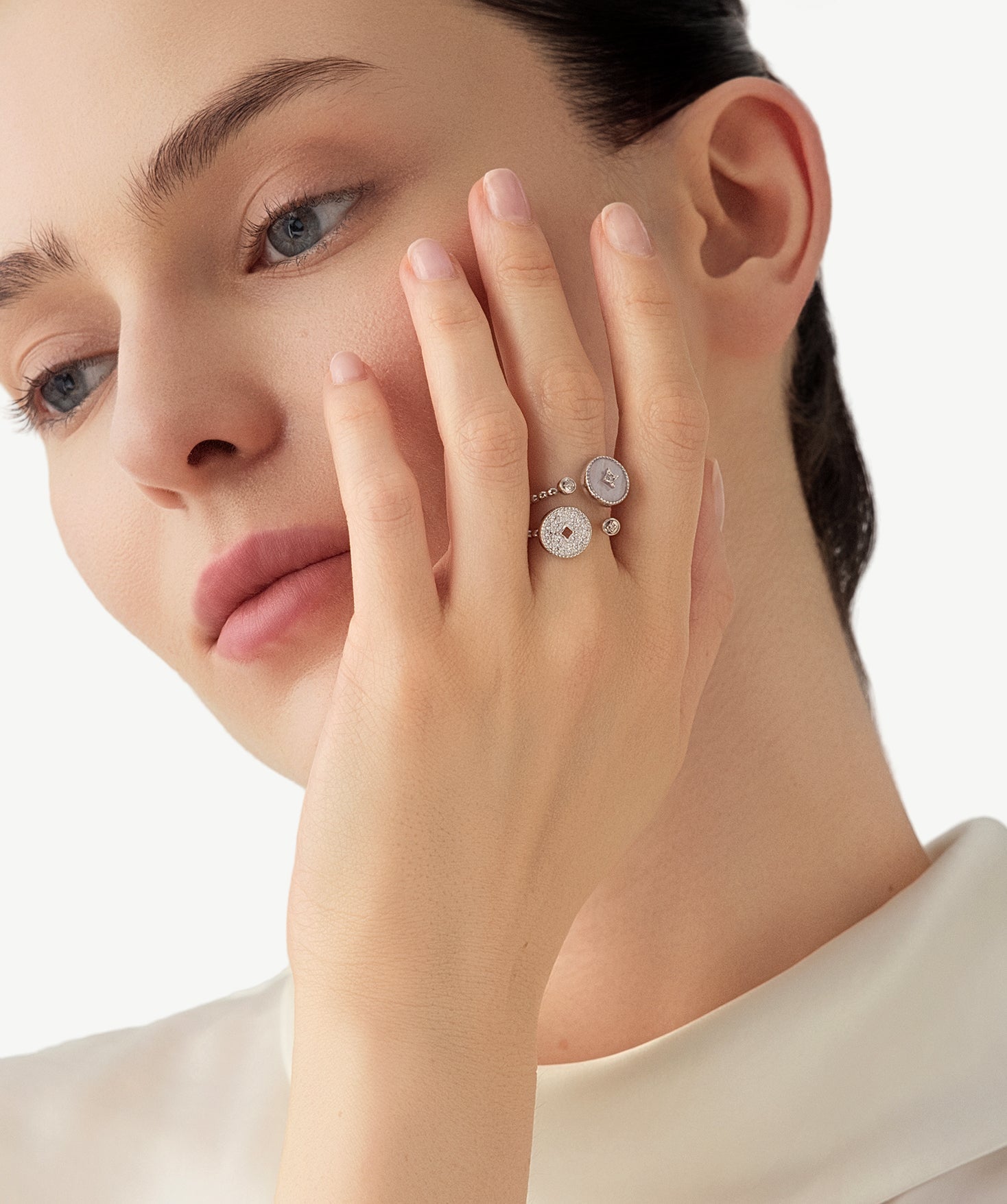 MaiaMina Blue Agate Open Ring Rhodium Plated Sterling Silver CZ Adjustable Aura Collection