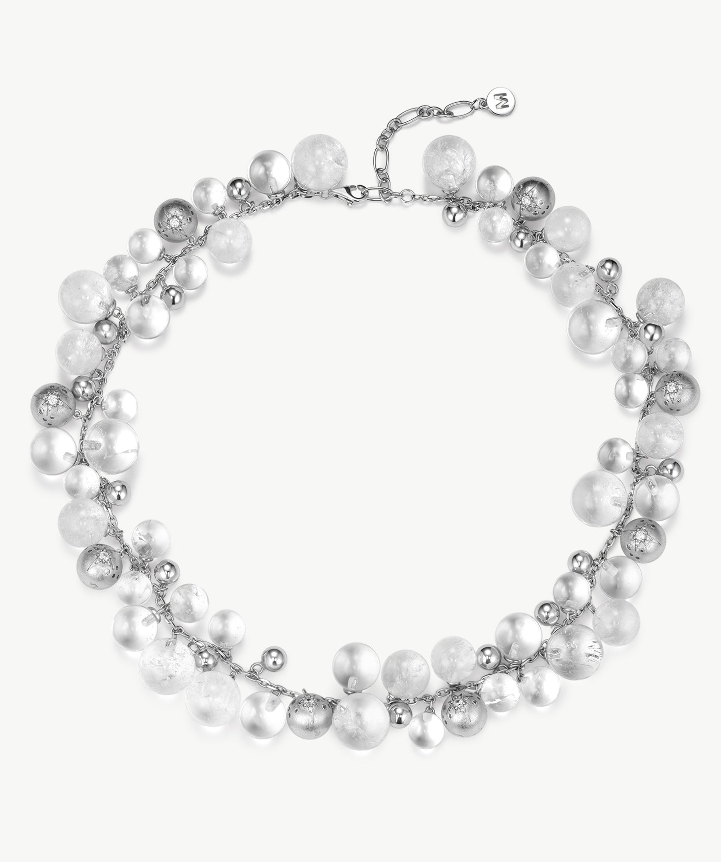 MaiaMina Rhodium Plated Clear Quartz Statement Necklace Silver Tone Beaded Necklace Cetus Collection