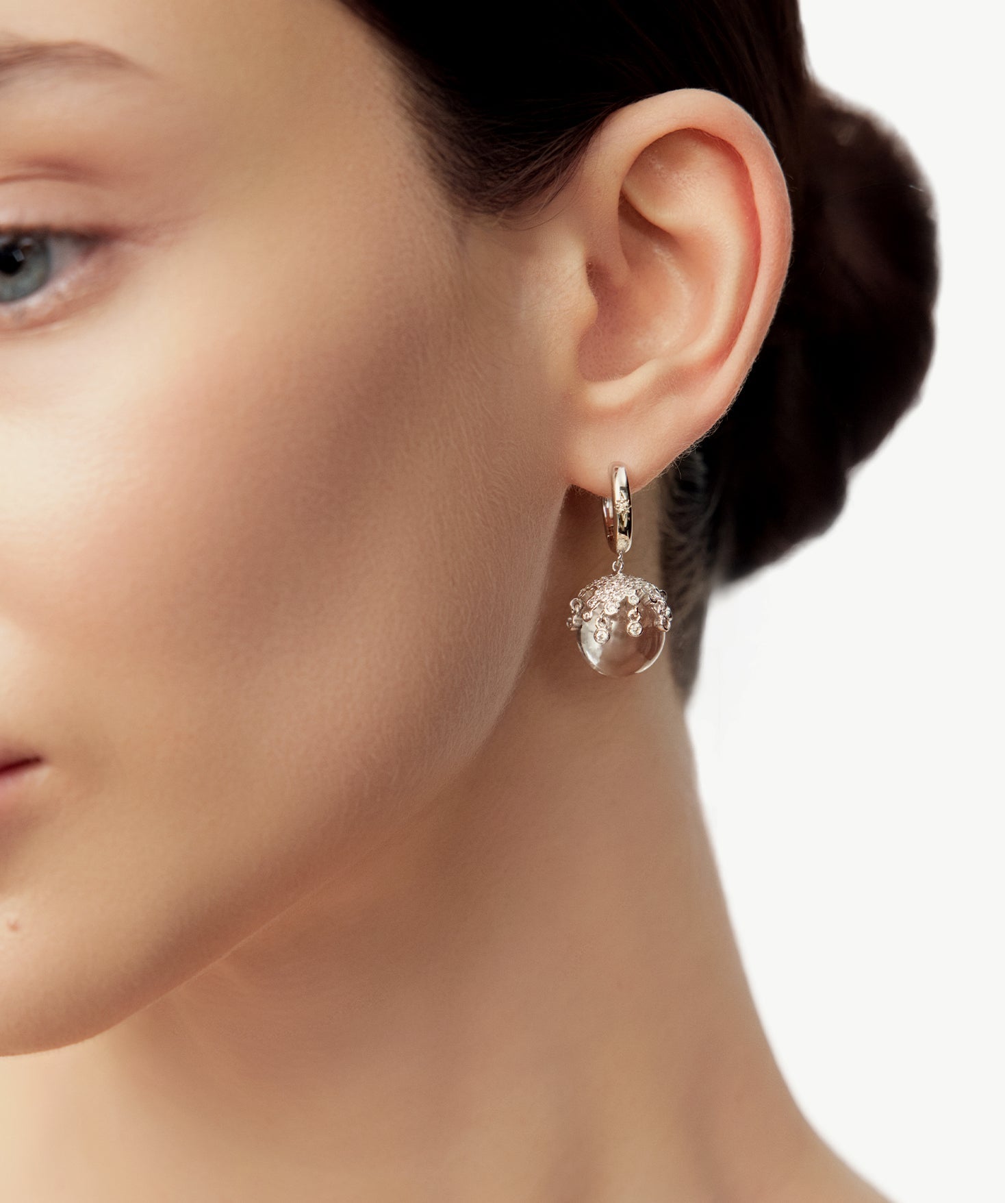 MaiaMina Rhodium Plated Clear Quartz Drop Earrings Removable Statement Earrings Cetus Collection
