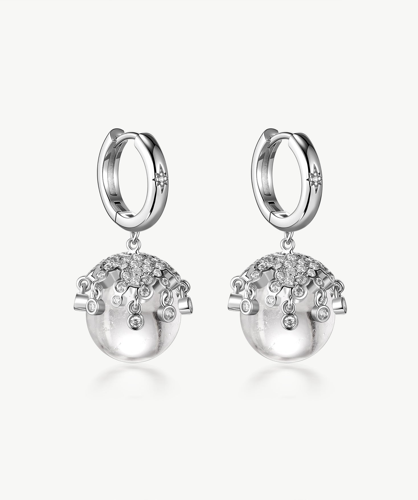 MaiaMina Rhodium Plated Clear Quartz Drop Earrings Removable Statement Earrings Cetus Collection