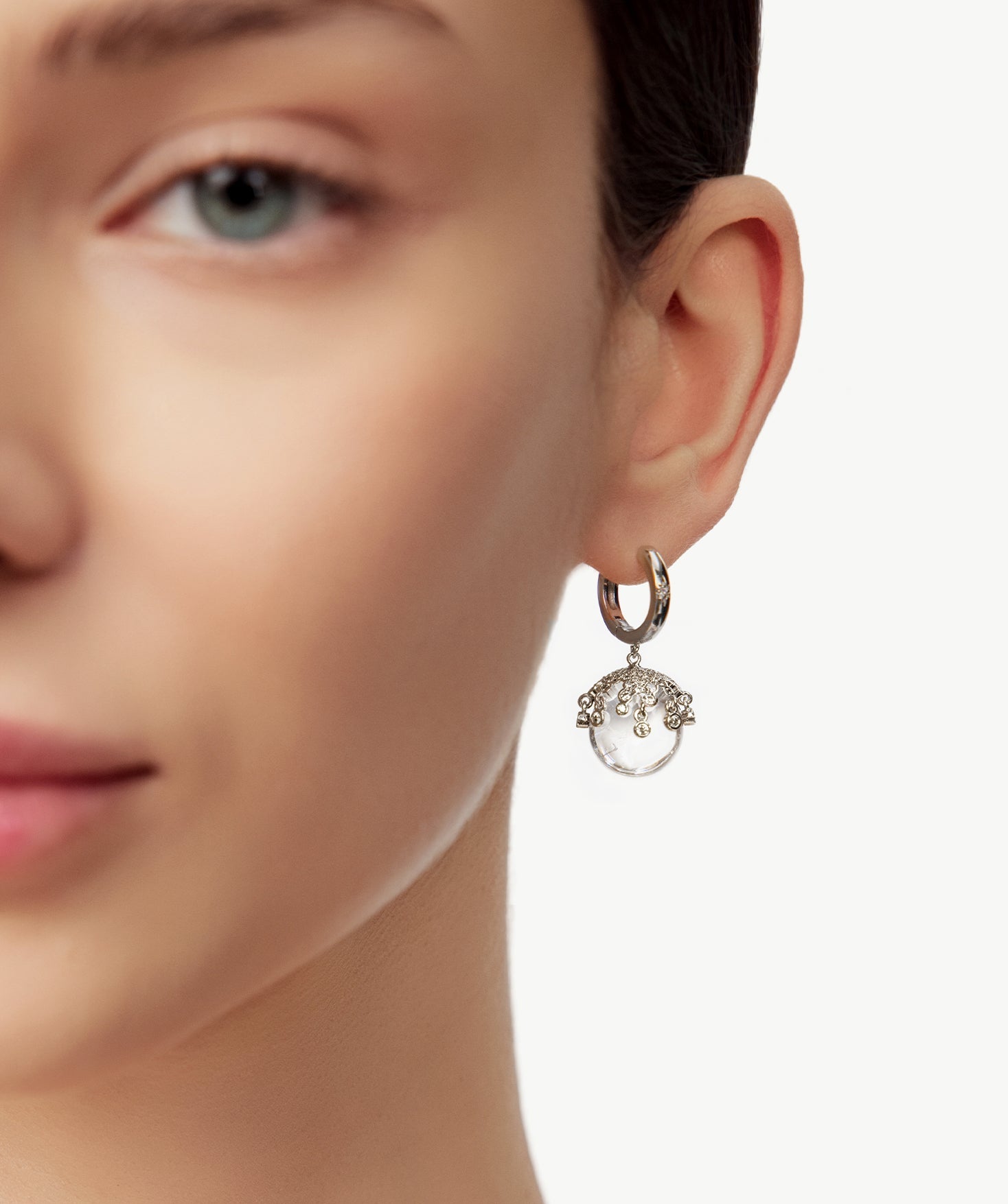 MaiaMina Rhodium Plated Clear Quartz Drop Earrings Removable Statement Earrings Cetus Collection