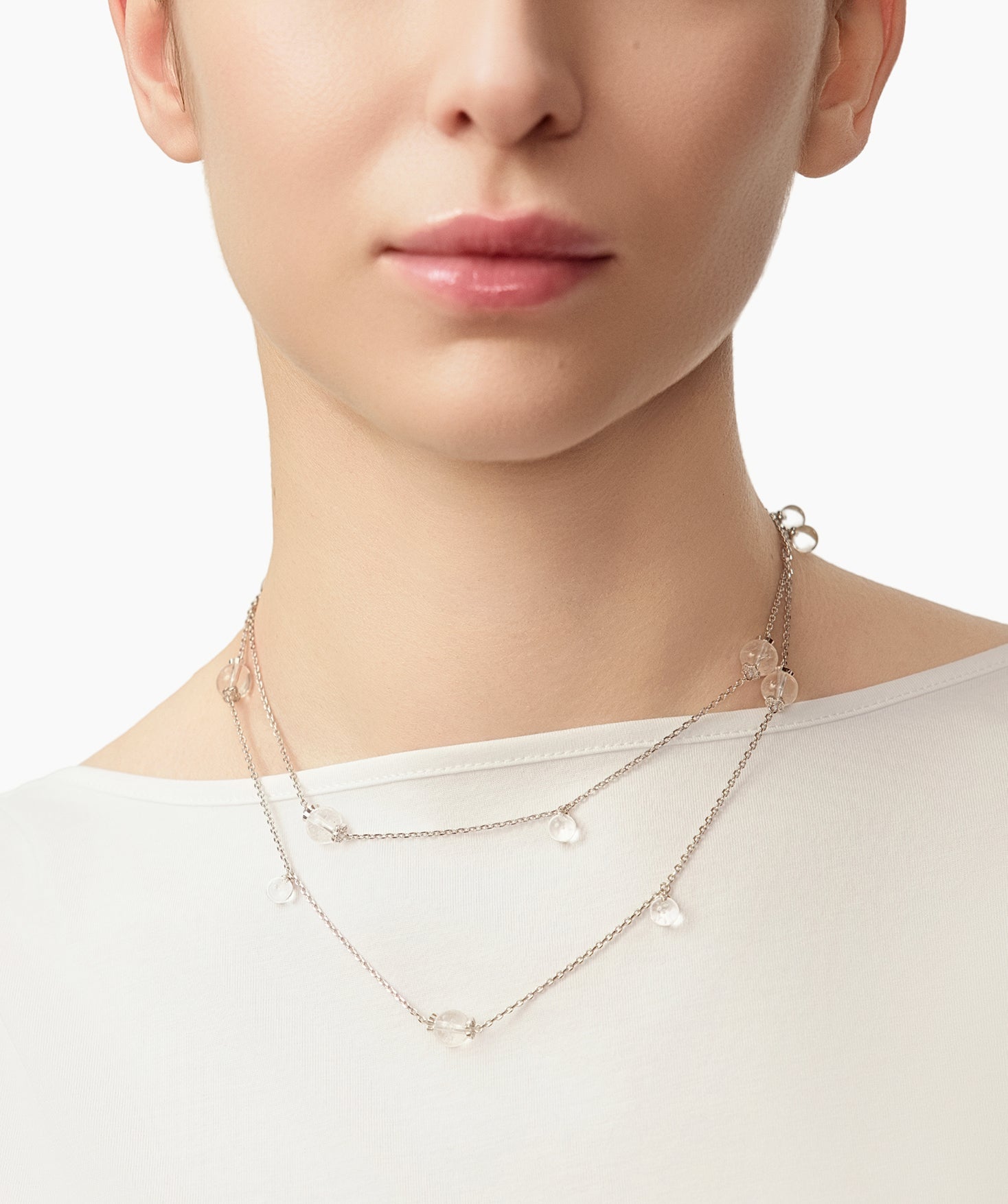 MaiaMina Rhodium Plated Clear Quartz Long Necklace Convertible Layering Necklace Cetus Collection