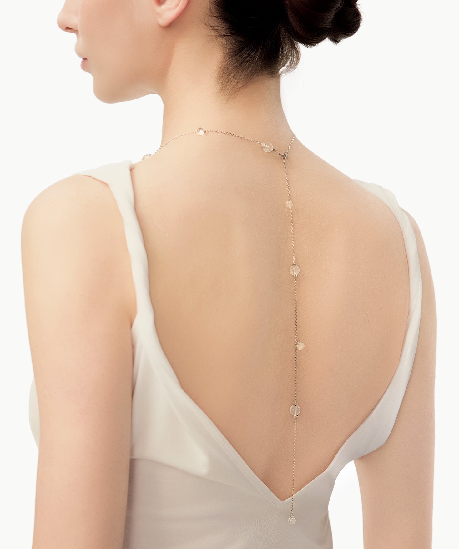 MaiaMina Rhodium Plated Clear Quartz Long Necklace Convertible Layering Necklace Cetus Collection