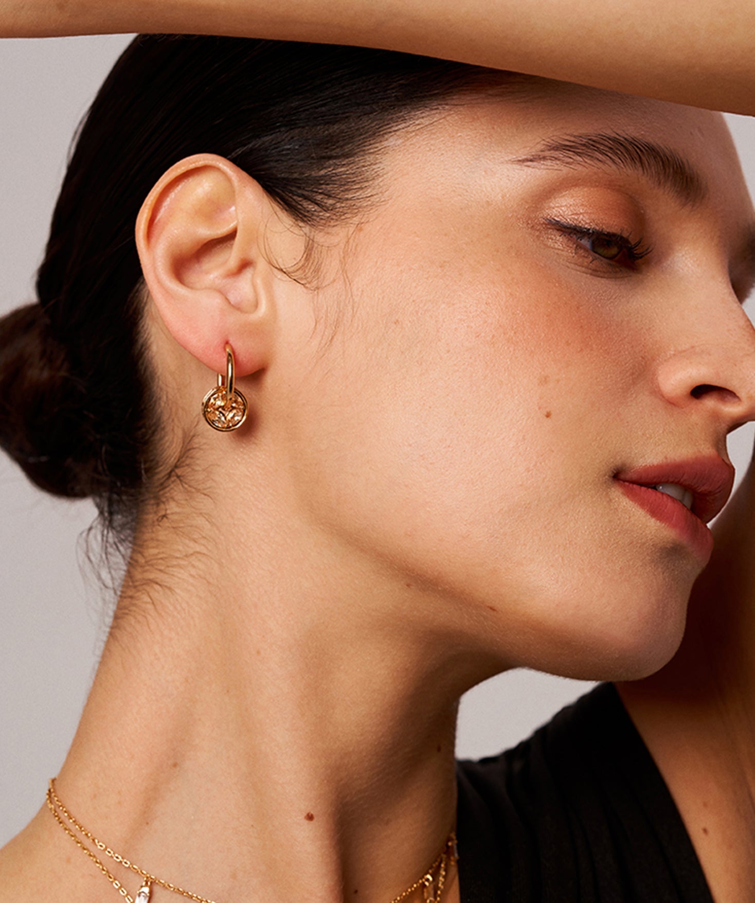 Versatile Gold Hoop Earrings with Detachable Coin Pendant and Champagne Marquise Stones | MaiaMina