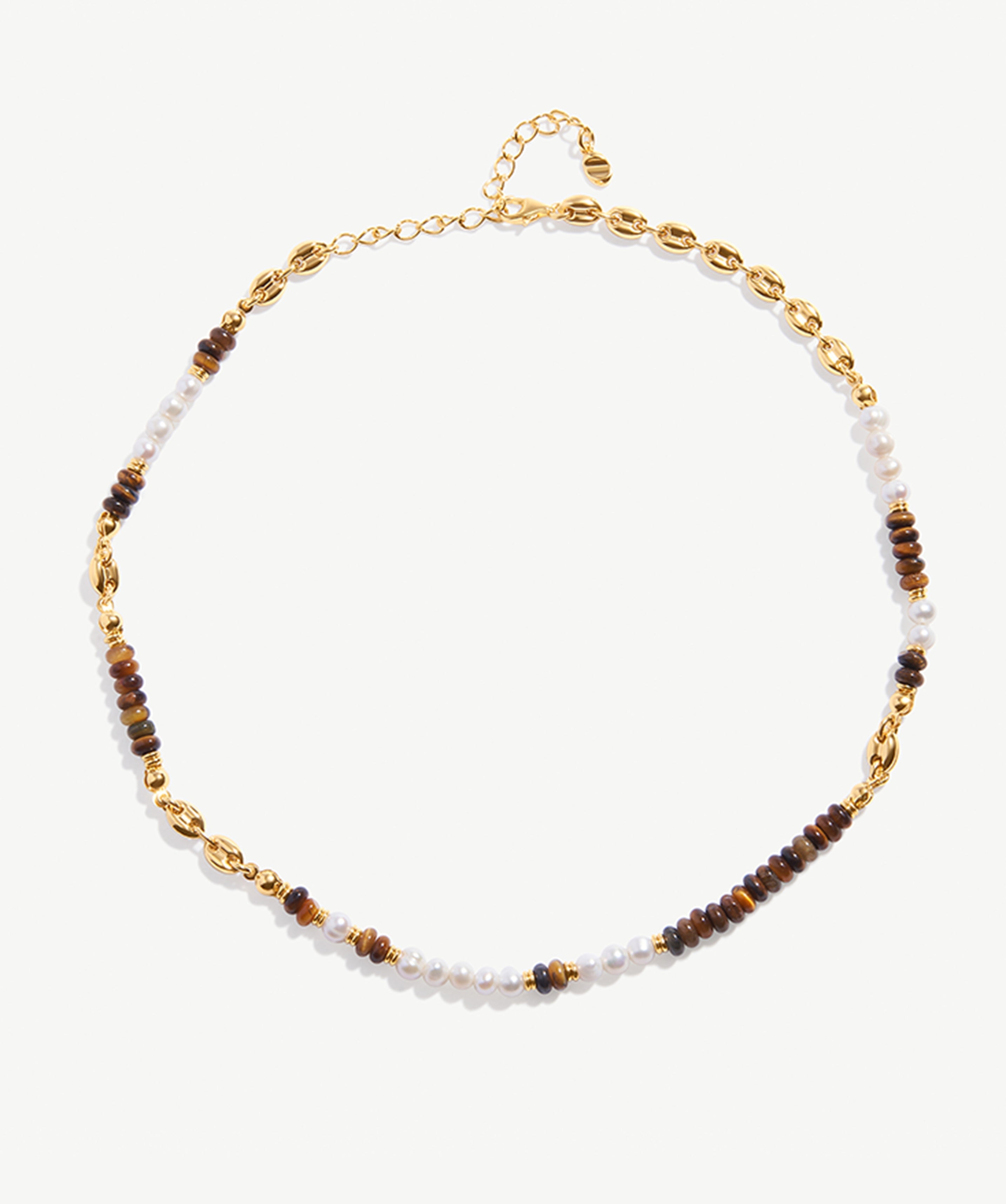 Tiger's Eye, Pearl, and 18K Gold Plated Sterling Silver Beaded Necklace | Elegant Women's Jewelry | MaiaMina