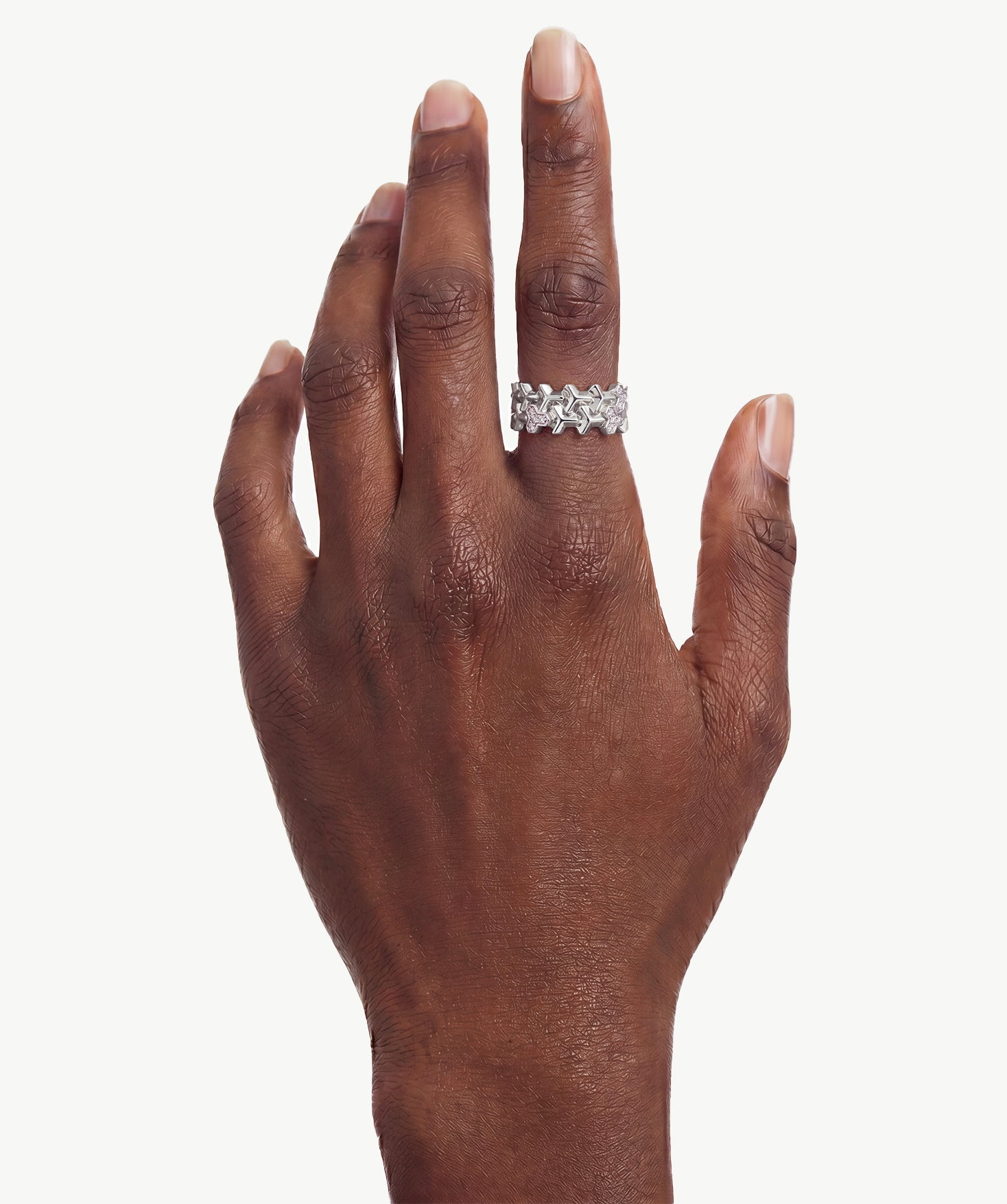 MaiaMina Open Ring Rhodium Plated Sterling Silver Geometric Link Statement Ring LYNKA