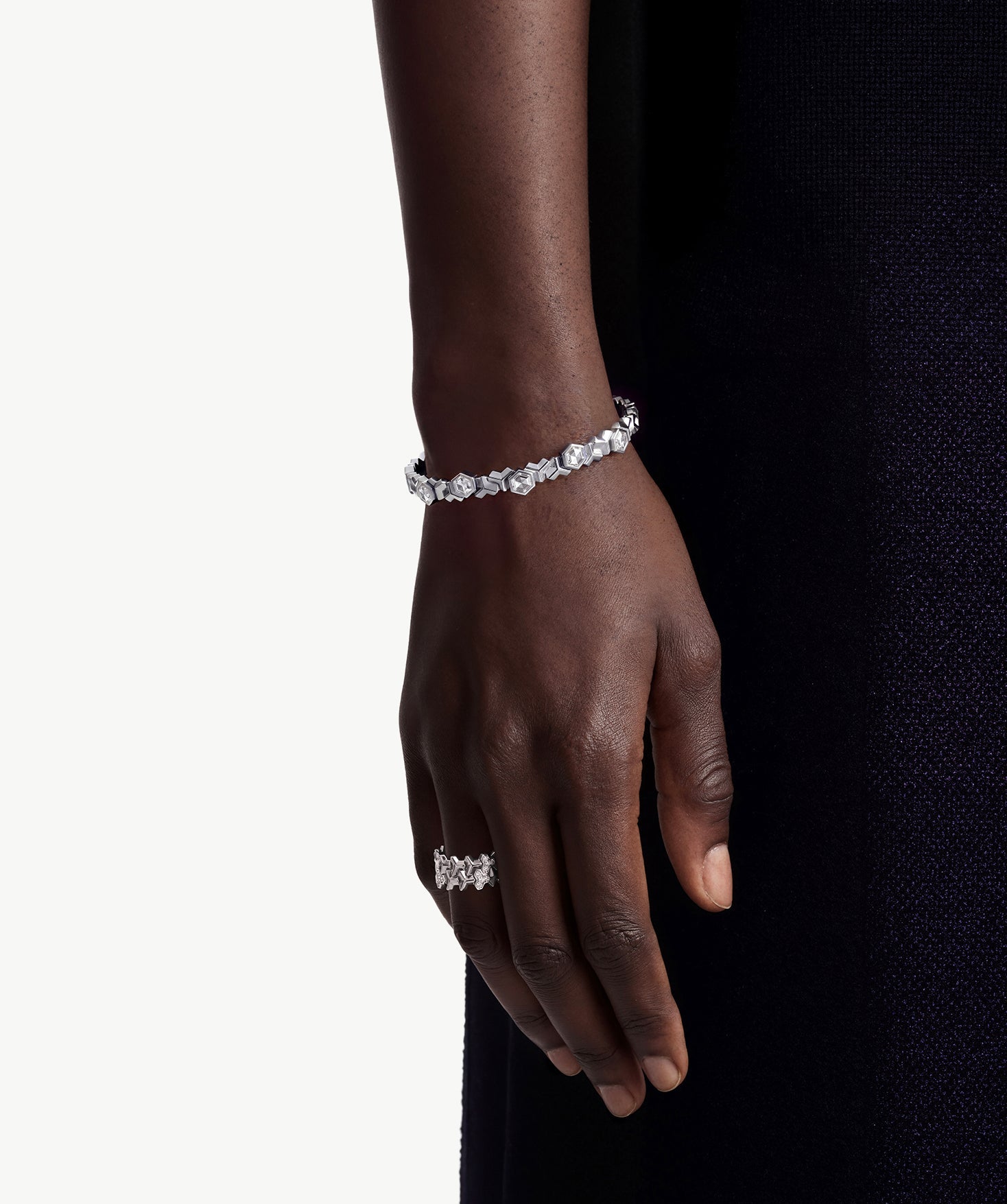 MaiaMina Silver Cuff Bracelet Geometric Link Hexagon CZ Open Bangle LYNKA