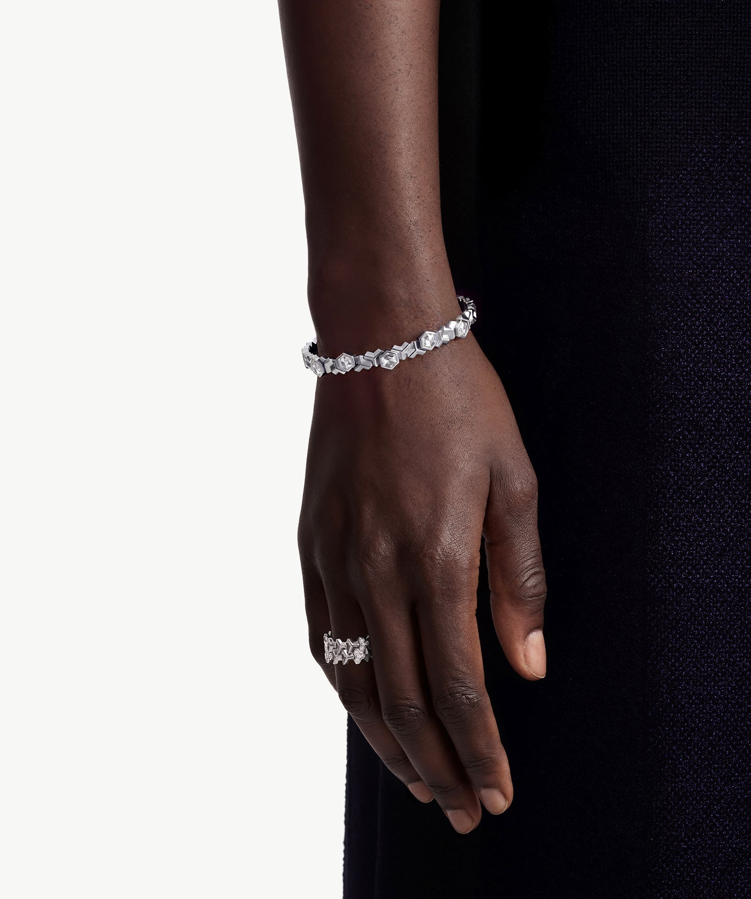 MaiaMina Silver Cuff Bracelet Geometric Link Hexagon CZ Open Bangle LYNKA