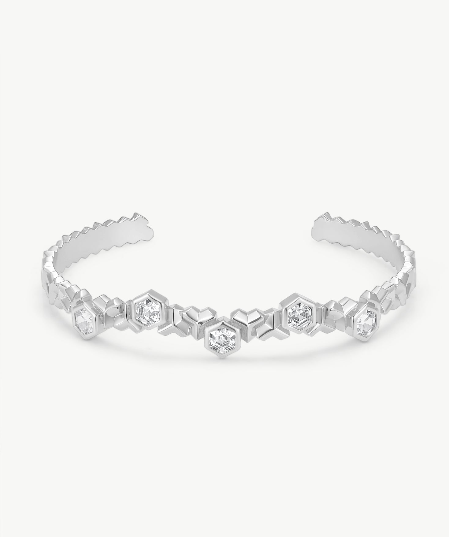MaiaMina Silver Cuff Bracelet Geometric Link Hexagon CZ Open Bangle LYNKA