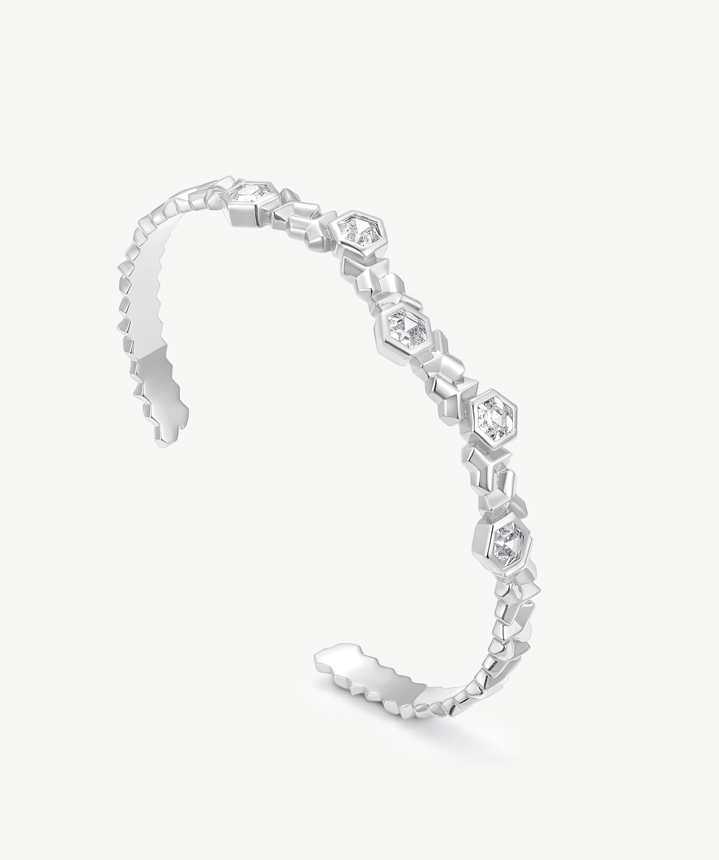 MaiaMina Silver Cuff Bracelet Geometric Link Hexagon CZ Open Bangle LYNKA