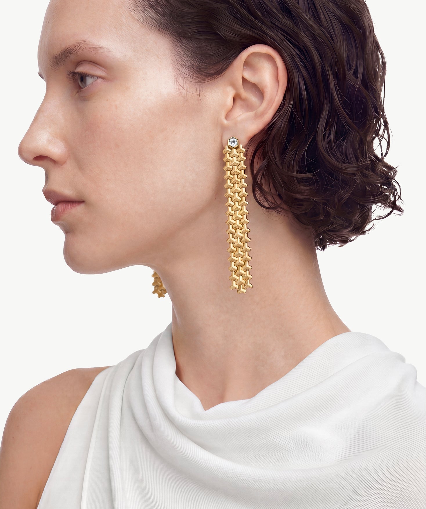 MaiaMina Gold Drop Earrings Geometric Link Long Dangle Hexagon CZ LYNKA