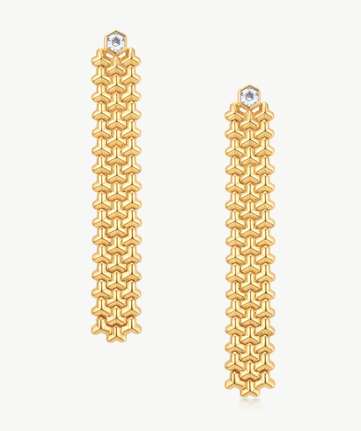 MaiaMina Gold Drop Earrings Geometric Link Long Dangle Hexagon CZ LYNKA