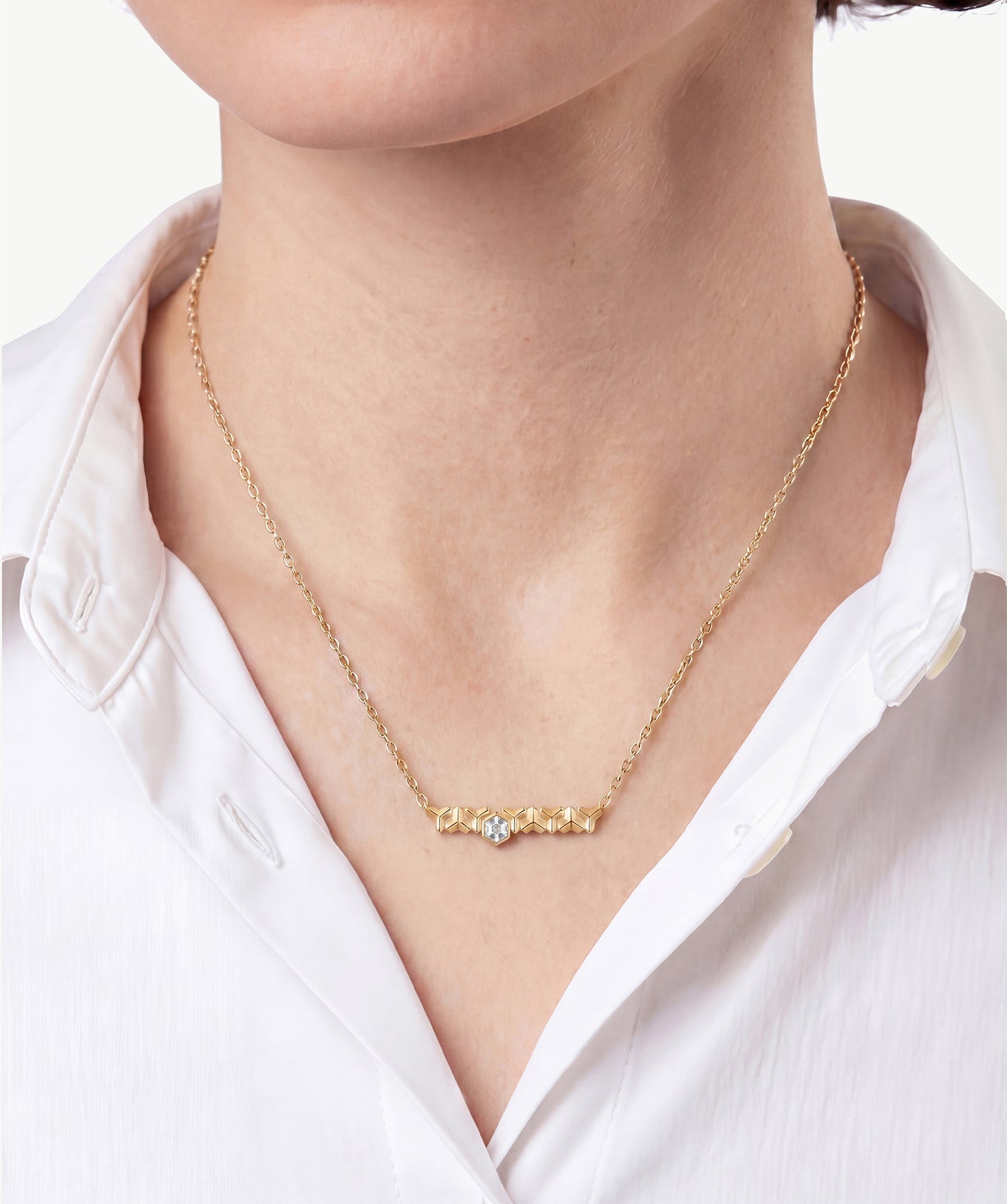 MaiaMina Gold Chain Necklace Geometric Link Hexagon CZ Bar Pendant LYNKA