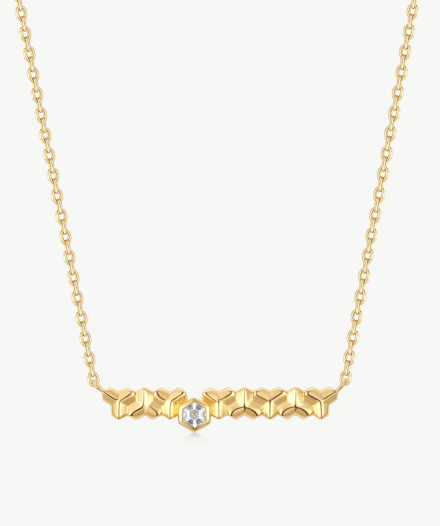 MaiaMina Gold Chain Necklace Geometric Link Hexagon CZ Bar Pendant LYNKA