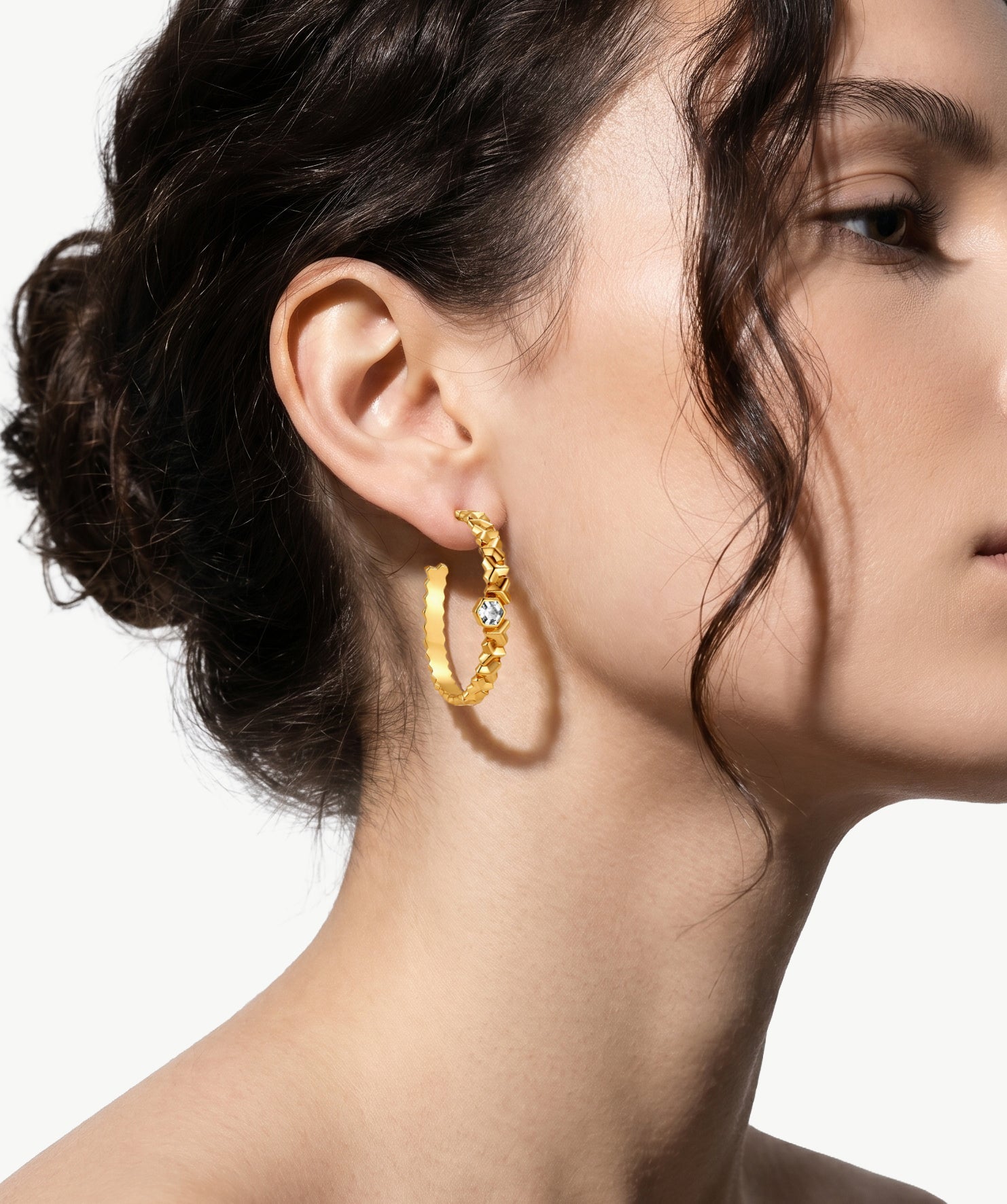 MaiaMina Gold Hoop Earrings Geometric Link Hexagon CZ Statement Hoops LYNKA