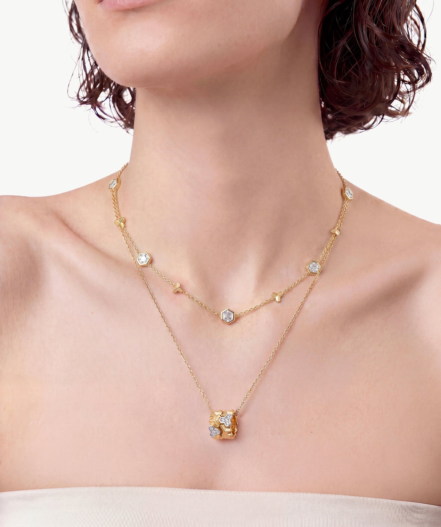 MaiaMina Pendant Necklace Gold Vermeil Two Tone Geometric Link Charm Necklace LYNKA