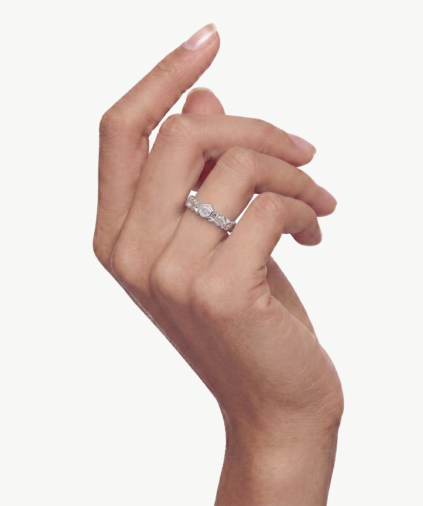 MaiaMina Open Ring Sterling Silver Hexagon CZ Geometric Statement Ring LYNKA