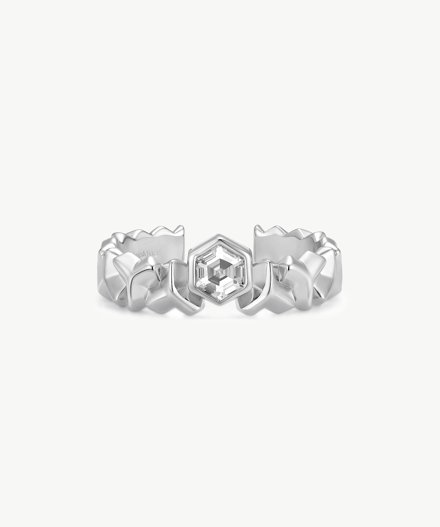 MaiaMina Open Ring Sterling Silver Hexagon CZ Geometric Statement Ring LYNKA