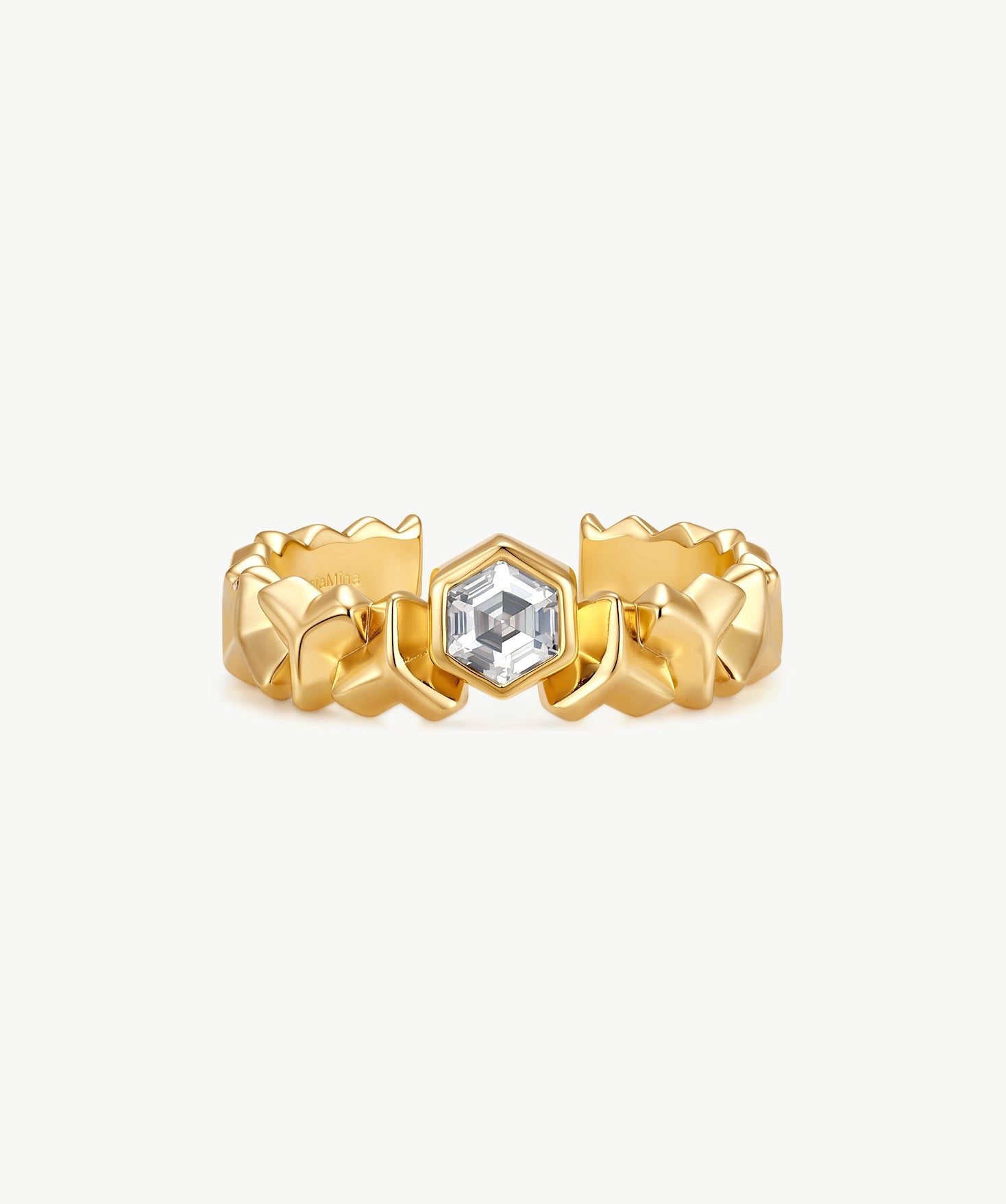 MaiaMina Open Ring Gold Vermeil Hexagon CZ Geometric Statement Ring LYNKA