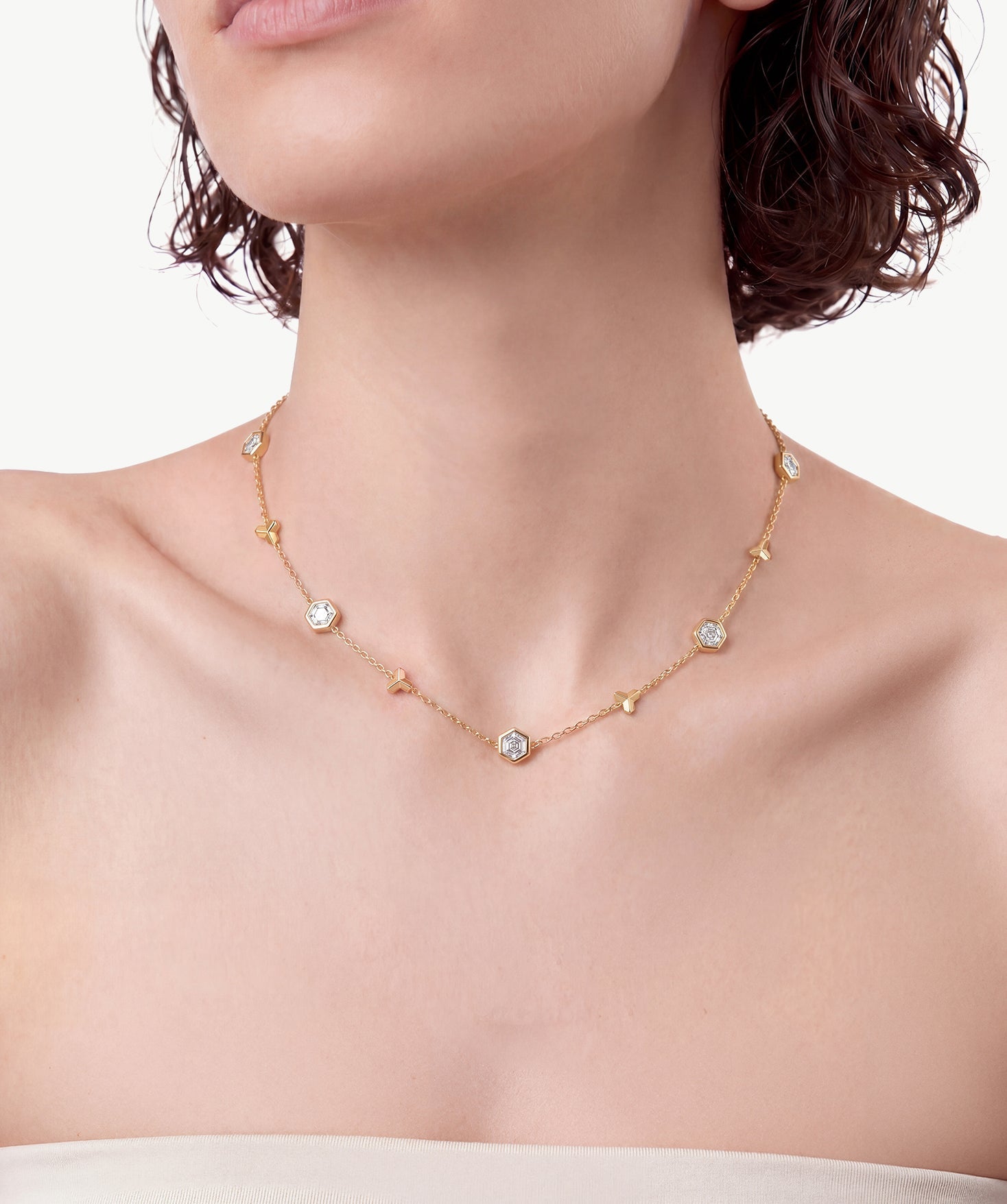 MaiaMina Gold Station Necklace Hexagon CZ Chain Layering Necklace LYNKA