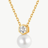 MaiaMina Gold Pearl Pendant Necklace Hexagon CZ Freshwater Pearl Drop LYNKA