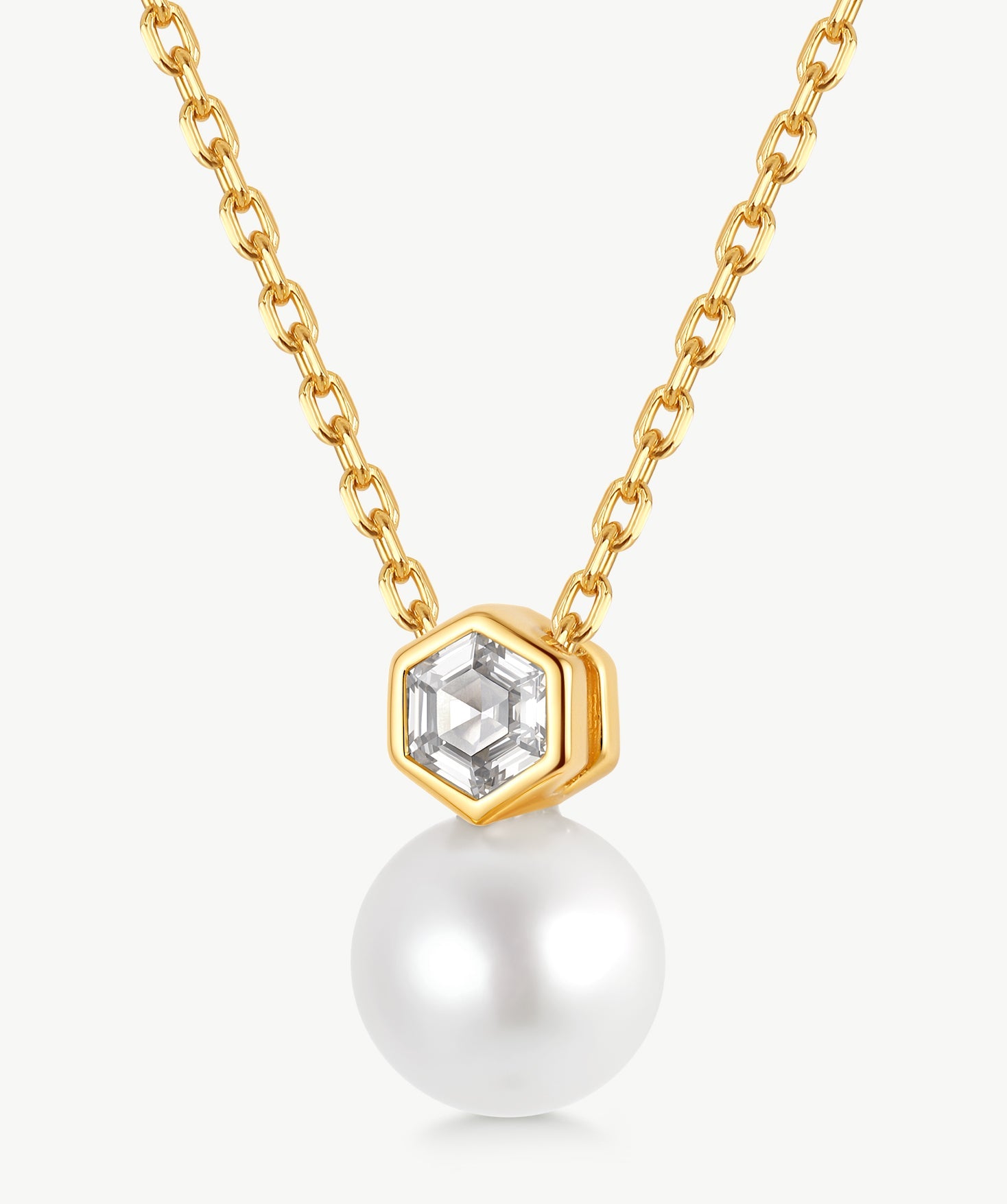 MaiaMina Gold Pearl Pendant Necklace Hexagon CZ Freshwater Pearl Drop LYNKA