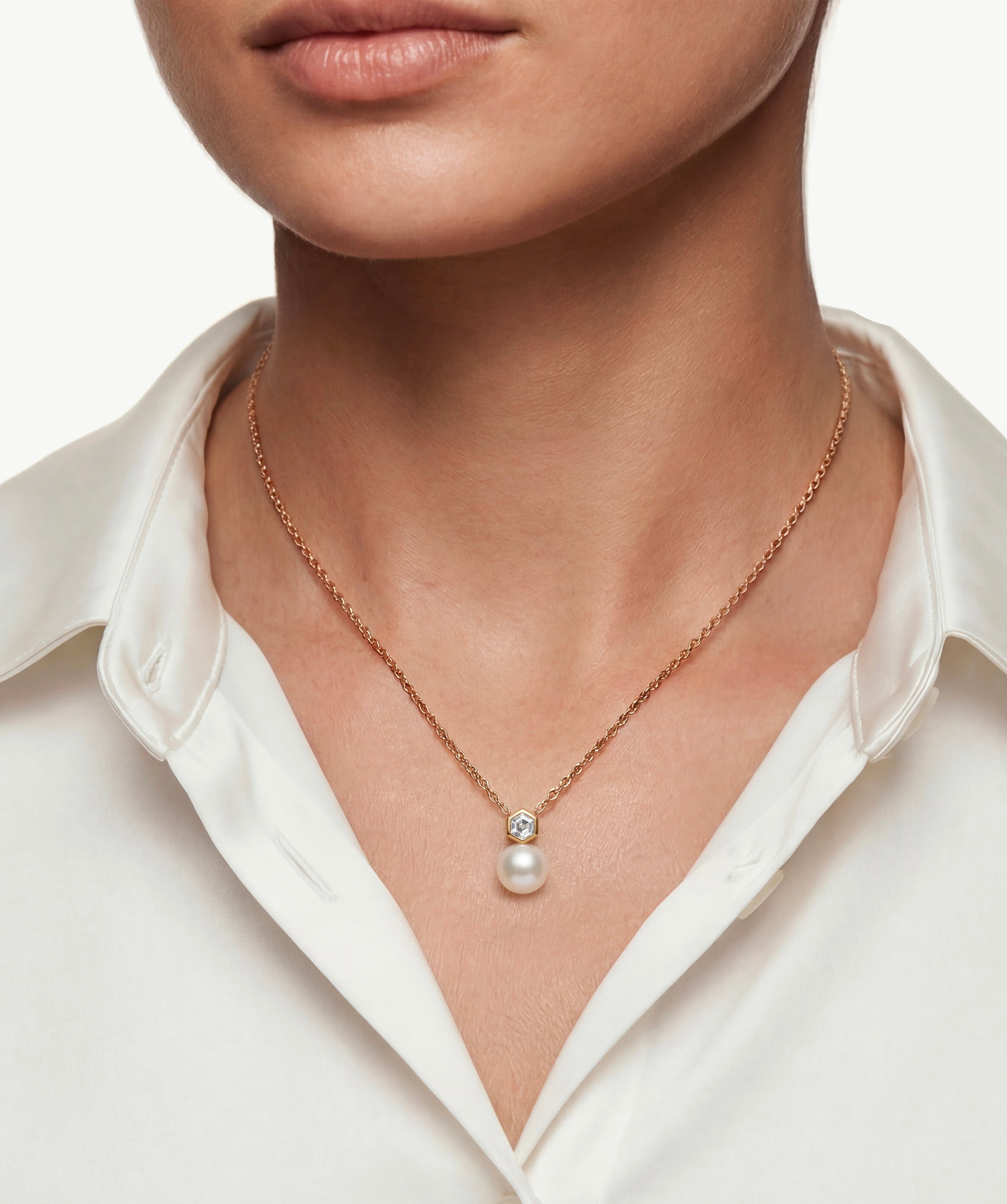 MaiaMina Gold Pearl Pendant Necklace Hexagon CZ Freshwater Pearl Drop LYNKA