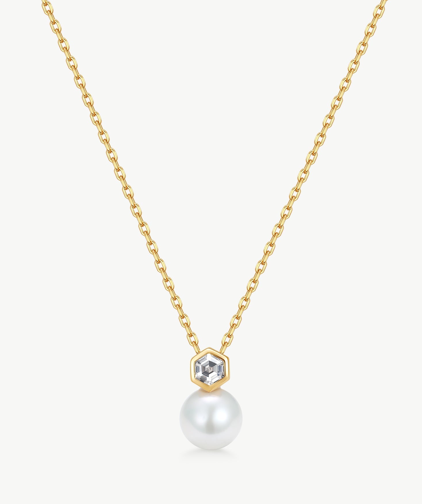 MaiaMina Gold Pearl Pendant Necklace Hexagon CZ Freshwater Pearl Drop LYNKA