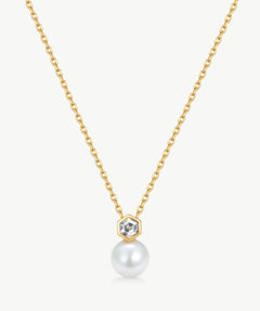 MaiaMina Gold Pearl Pendant Necklace Hexagon CZ Freshwater Pearl Drop LYNKA