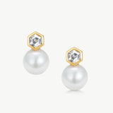 MaiaMina Pearl Stud Earrings Hexagon CZ Freshwater Pearl Drop Gold LYNKA