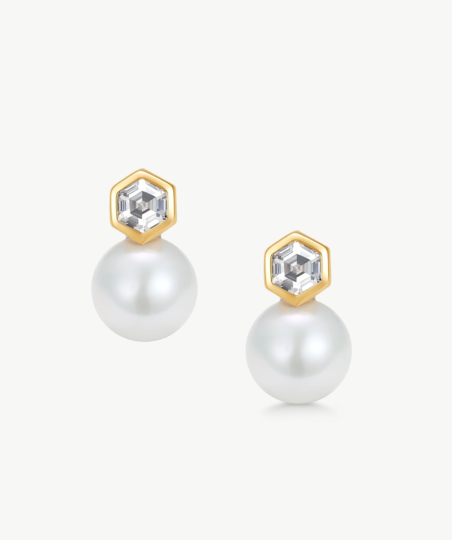 MaiaMina Pearl Stud Earrings Hexagon CZ Freshwater Pearl Drop Gold LYNKA