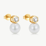 MaiaMina Pearl Stud Earrings Hexagon CZ Freshwater Pearl Drop Gold LYNKA
