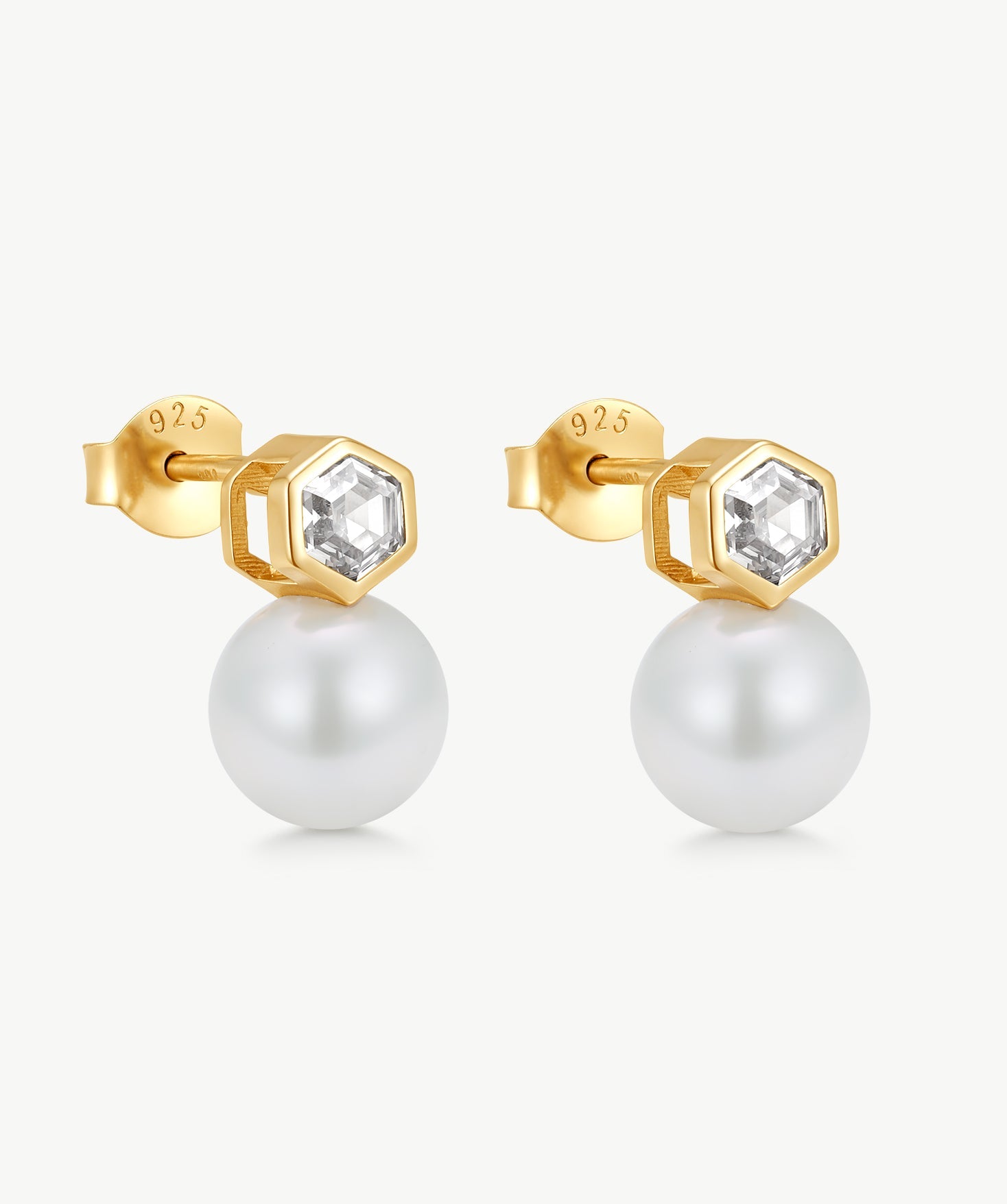 MaiaMina Pearl Stud Earrings Hexagon CZ Freshwater Pearl Drop Gold LYNKA