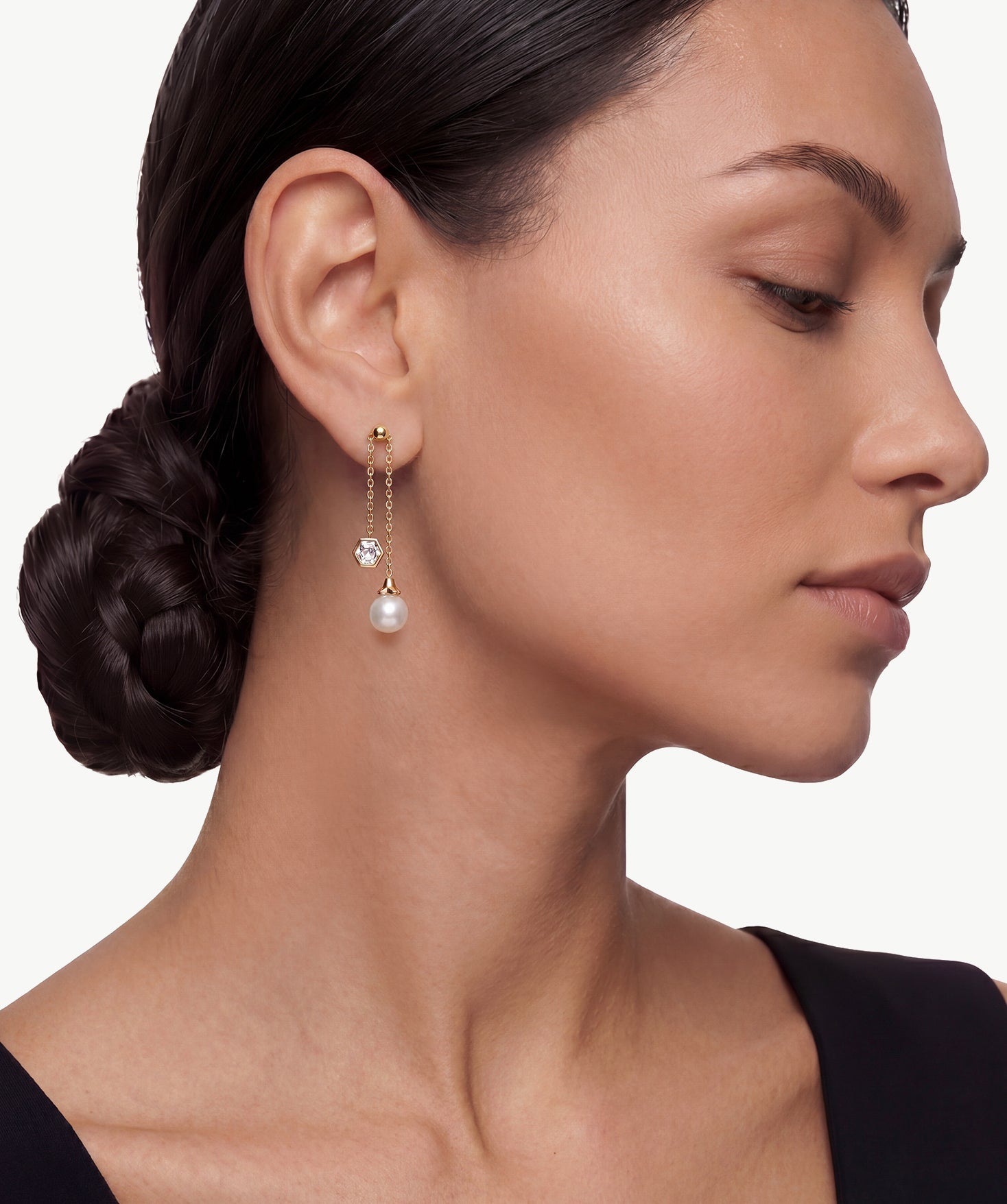 MaiaMina Adjustable Pearl Drop Earrings Gold Chain Dangle Hexagon CZ LYNKA
